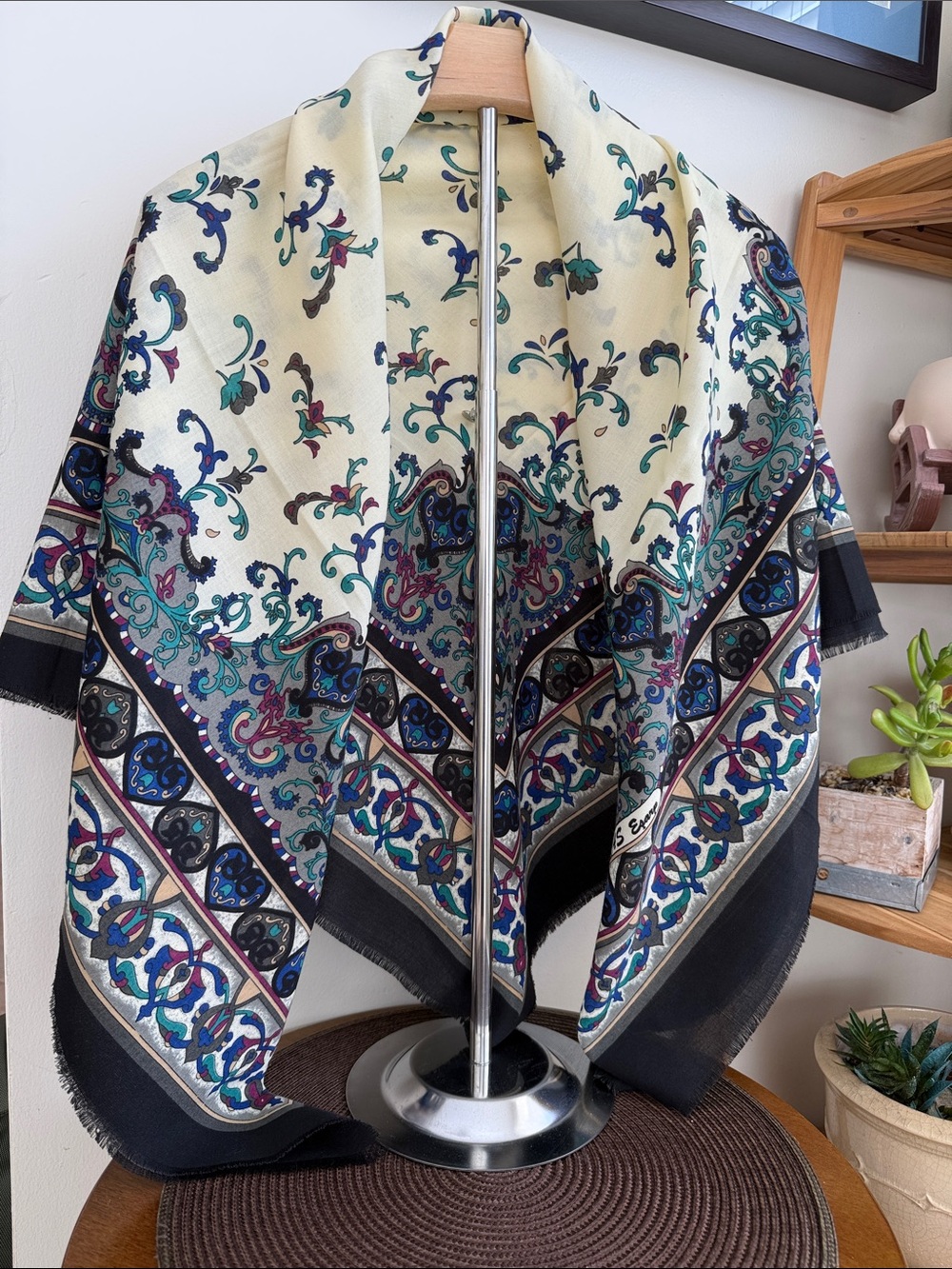 Elegant Printed Silk-Look Scarf in Cream, Teal & Black